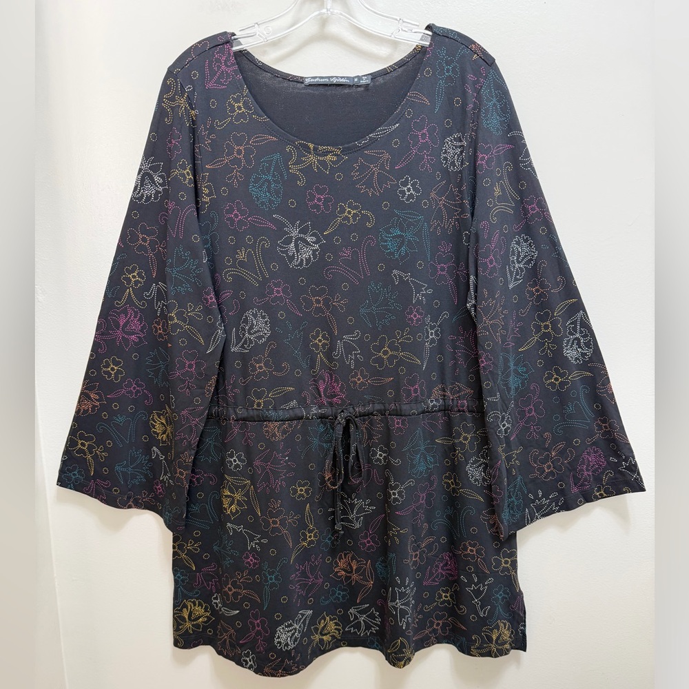 Gudrun Sjoden Drawstring Tunic Top Flare Sleeve Pockets Black Multi Size M